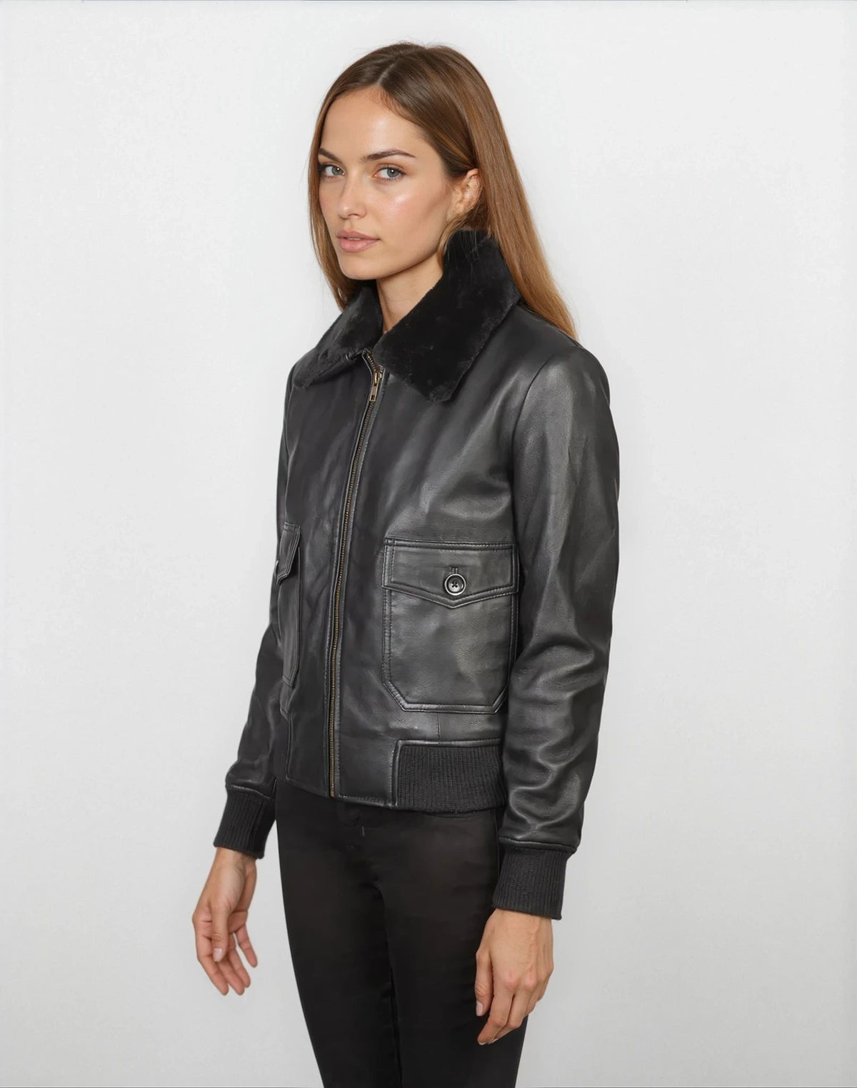 Felicity Black Leather Bomber Jacket