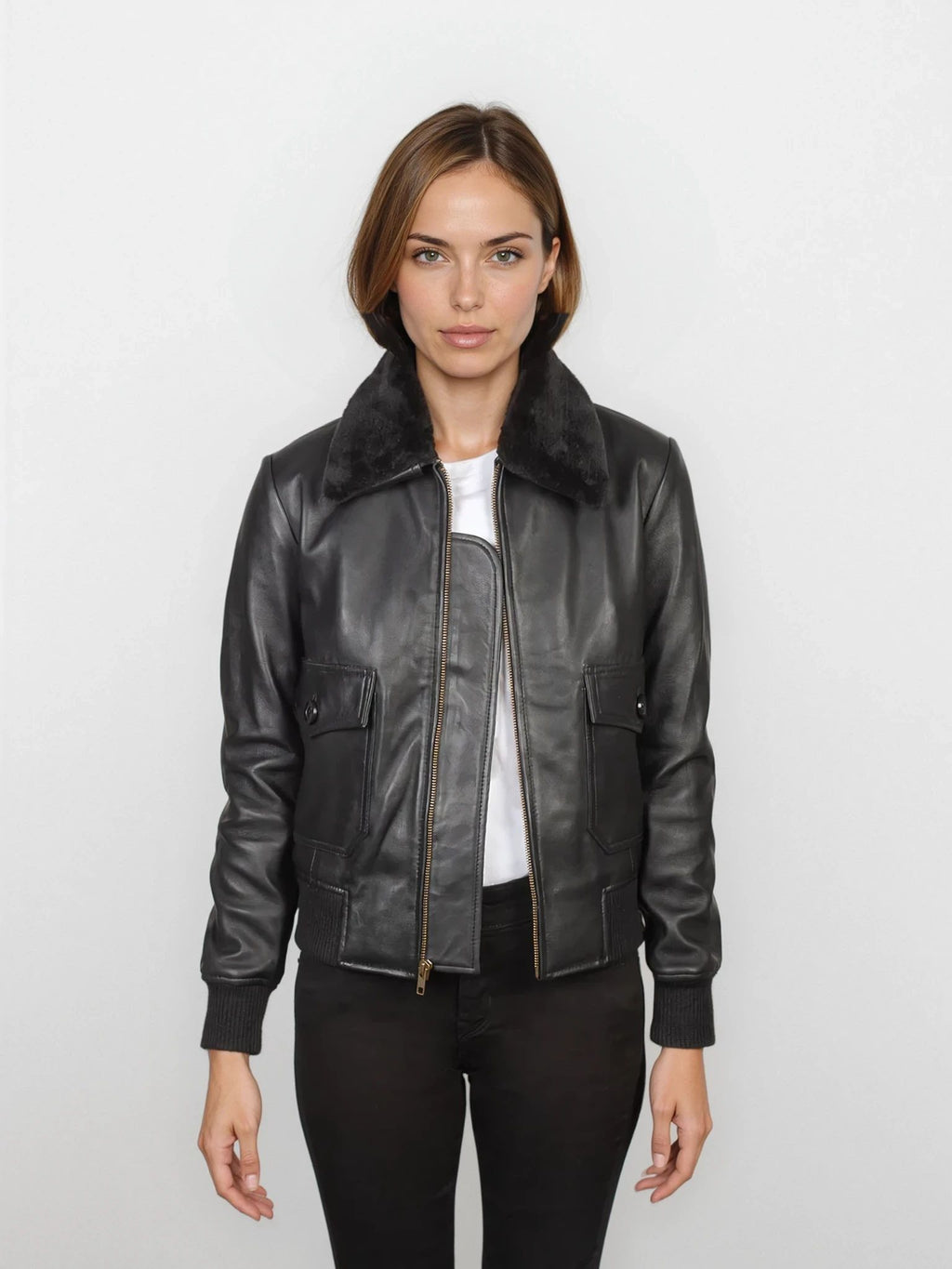 Felicity Black Leather Bomber Jacket