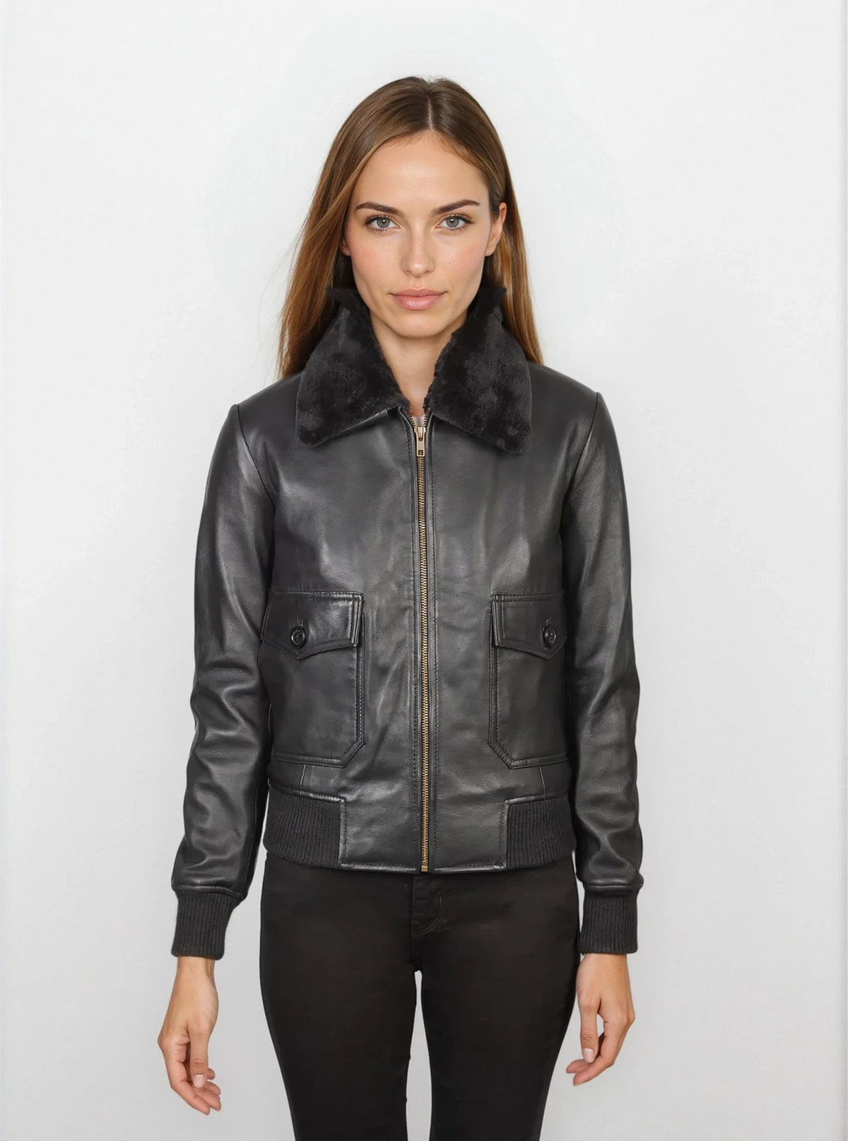 Felicity Black Leather Bomber Jacket