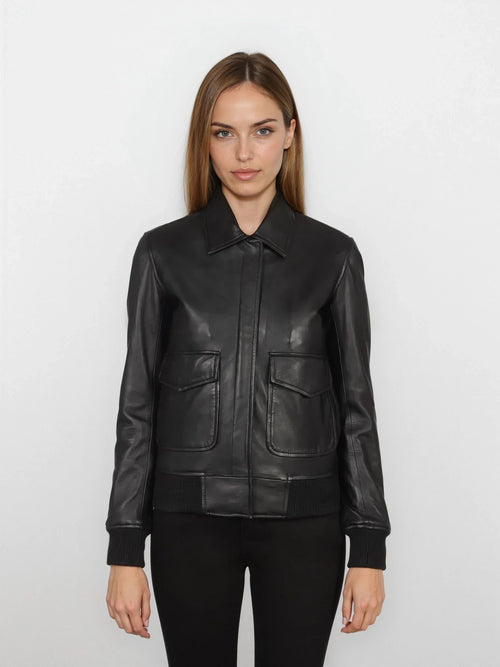 Calliope Black Hooded Leather Bomber Jacket