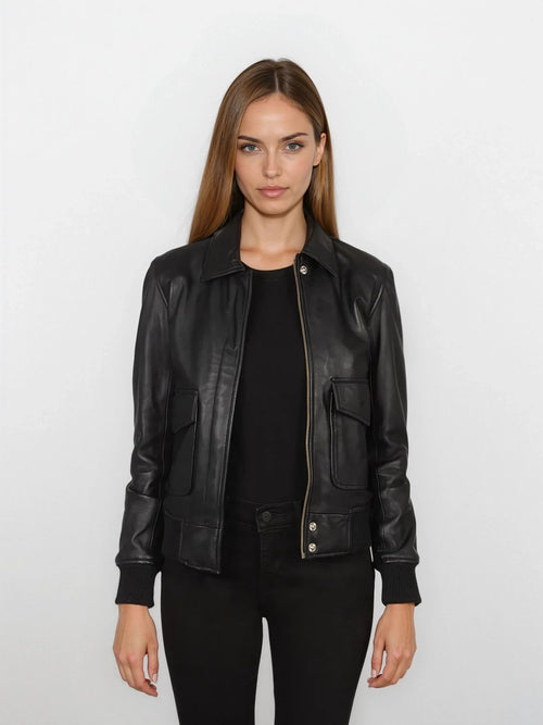 Calliope Black Hooded Leather Bomber Jacket