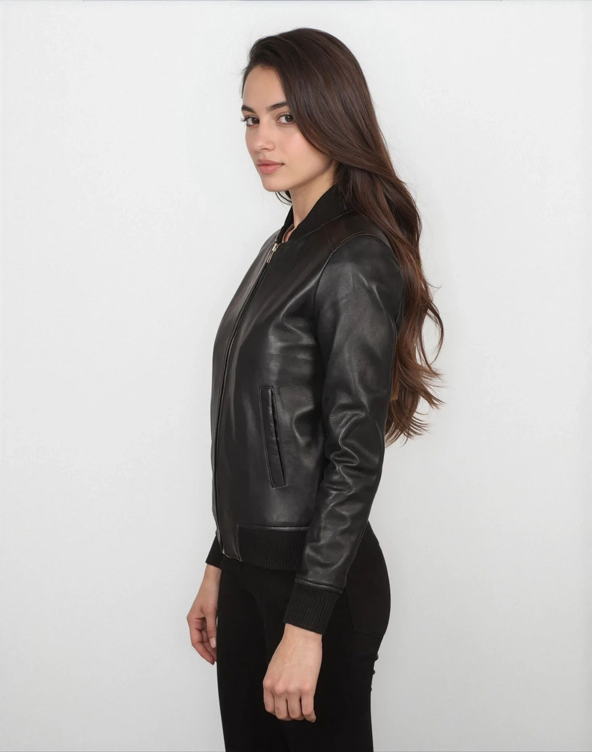 Josephine Black Leather Bomber Jacket