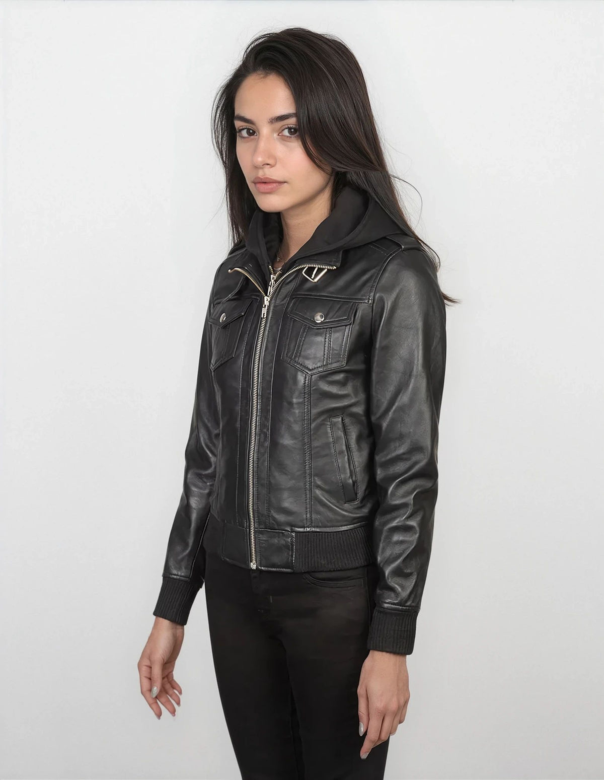 Margot Black Hooded Leather Bomber Jacket