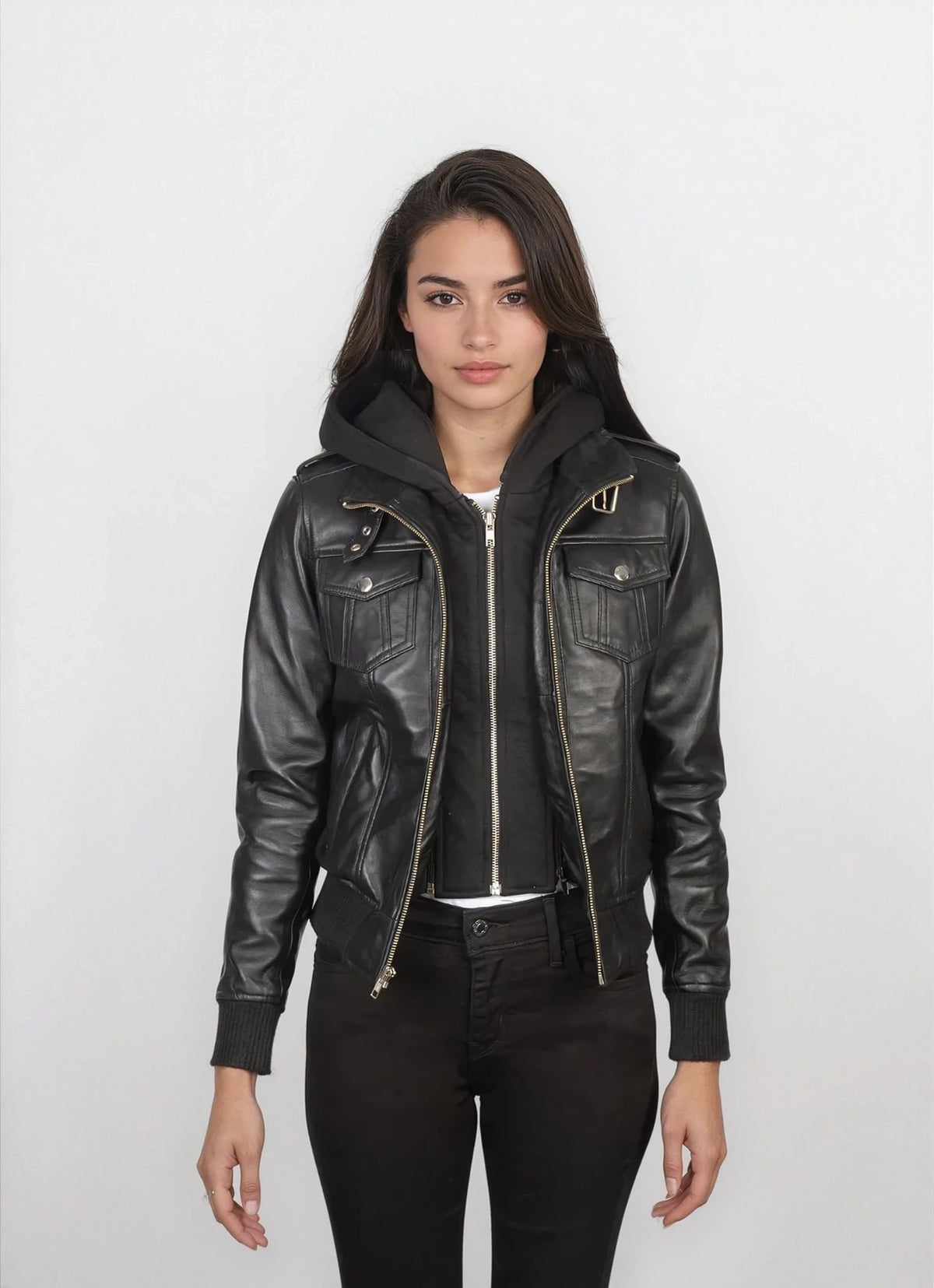 Margot Black Hooded Leather Bomber Jacket