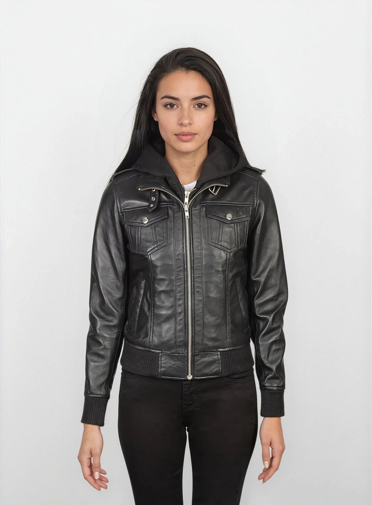Margot Black Hooded Leather Bomber Jacket
