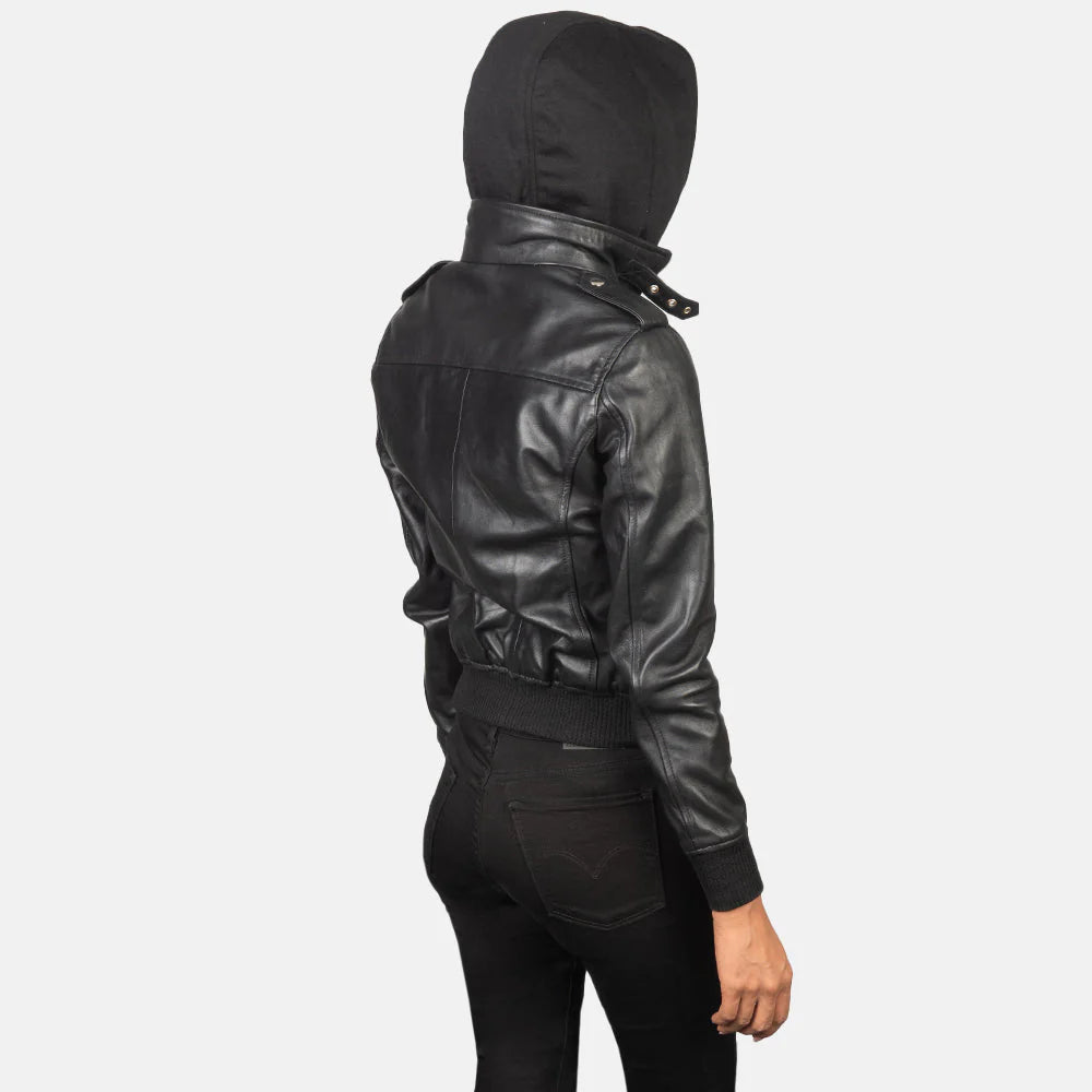 Margot Black Hooded Leather Bomber Jacket
